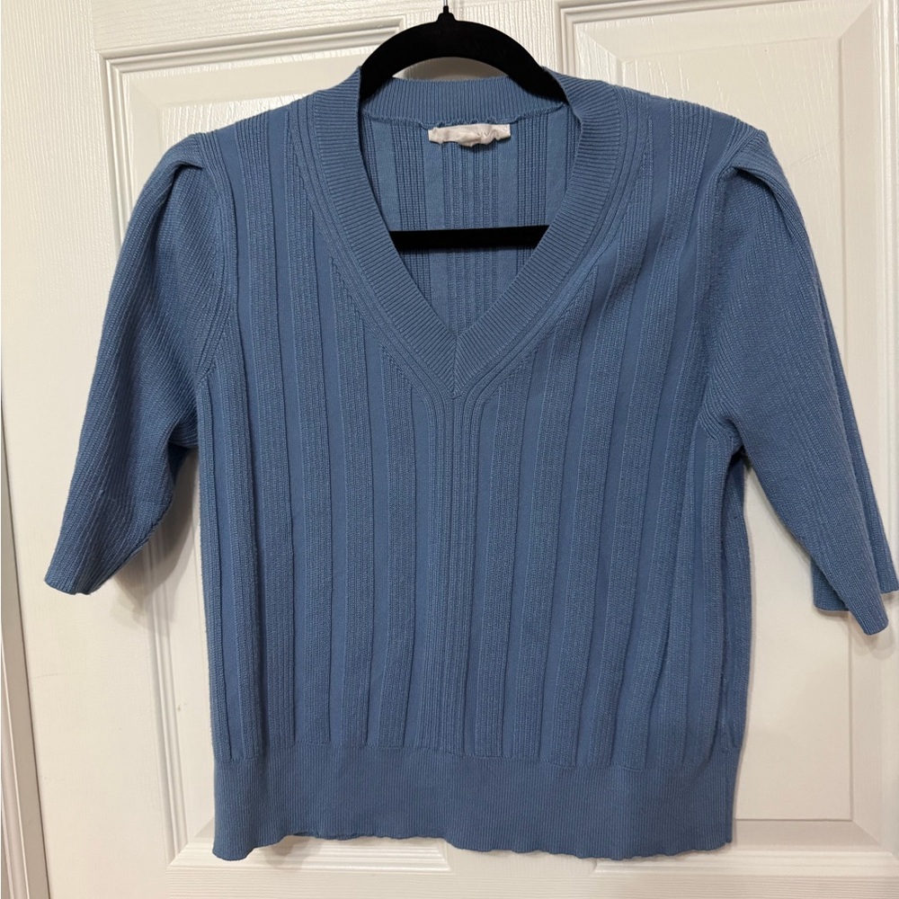 BRIT NY Sky Blue V-Neck Sweater ribbed puff sleeve size‎ large